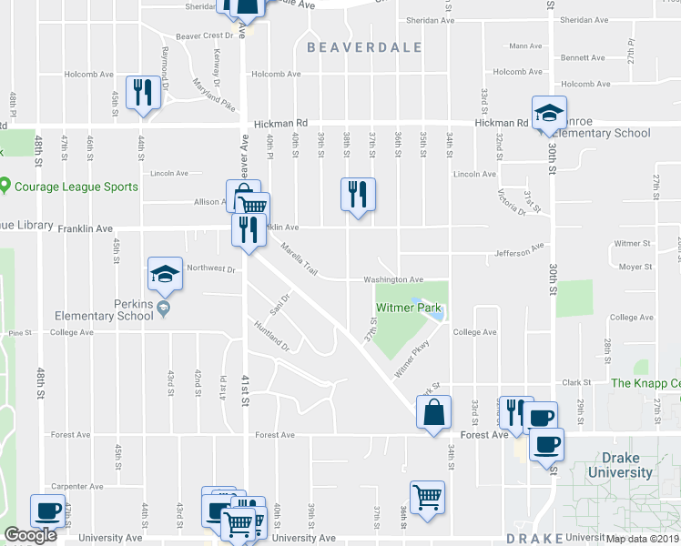 map of restaurants, bars, coffee shops, grocery stores, and more near 1716 38th Street in Des Moines