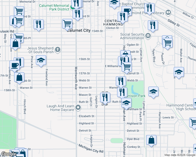 map of restaurants, bars, coffee shops, grocery stores, and more near 11 157th Street in Calumet City