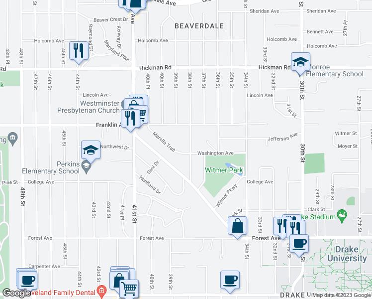 map of restaurants, bars, coffee shops, grocery stores, and more near 1649 Marella Trail in Des Moines