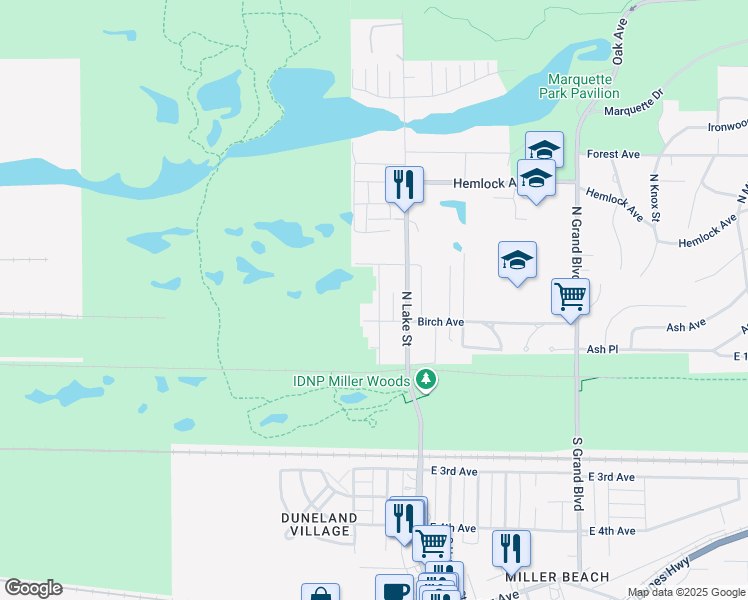 map of restaurants, bars, coffee shops, grocery stores, and more near 234 N Hamilton St in Gary