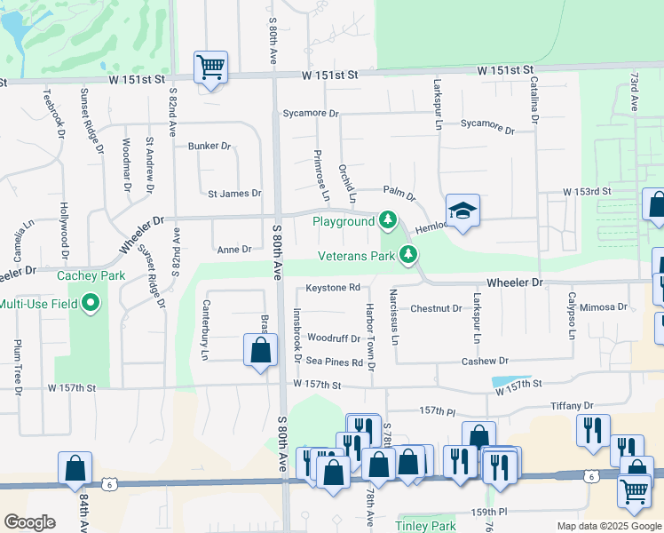 map of restaurants, bars, coffee shops, grocery stores, and more near 15500 Bob O Link Road in Orland Park