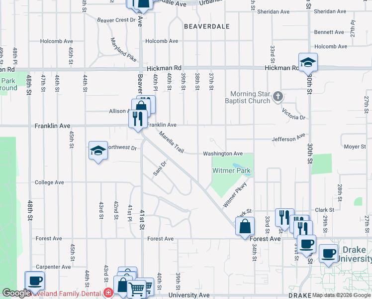 map of restaurants, bars, coffee shops, grocery stores, and more near 1649 Marella Trail in Des Moines