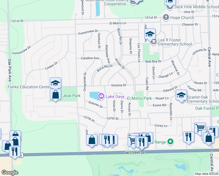 map of restaurants, bars, coffee shops, grocery stores, and more near 6153 Victoria Drive in Oak Forest