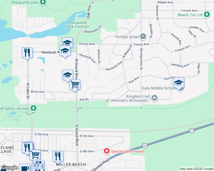 map of restaurants, bars, coffee shops, grocery stores, and more near 6770 Birch Place in Gary