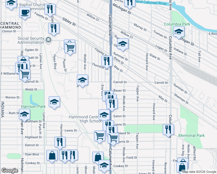 map of restaurants, bars, coffee shops, grocery stores, and more near 5709 Calumet Avenue in Hammond