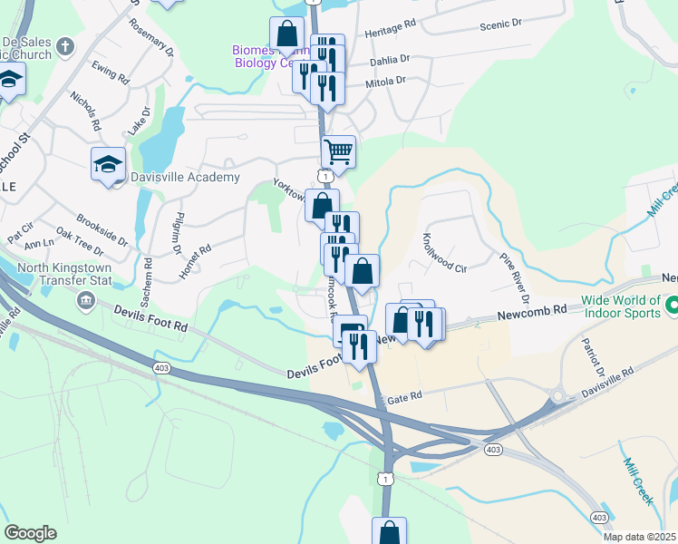 map of restaurants, bars, coffee shops, grocery stores, and more near 6899 U.S. 1 in North Kingstown