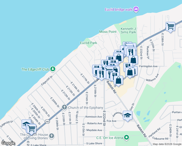 map of restaurants, bars, coffee shops, grocery stores, and more near 145 East 219th Street in Euclid