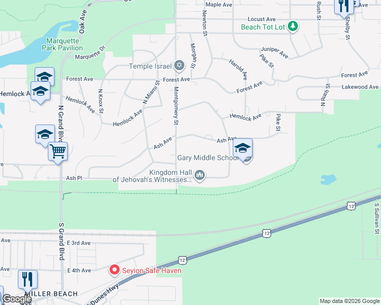 map of restaurants, bars, coffee shops, grocery stores, and more near 7234 Ash Place in Gary