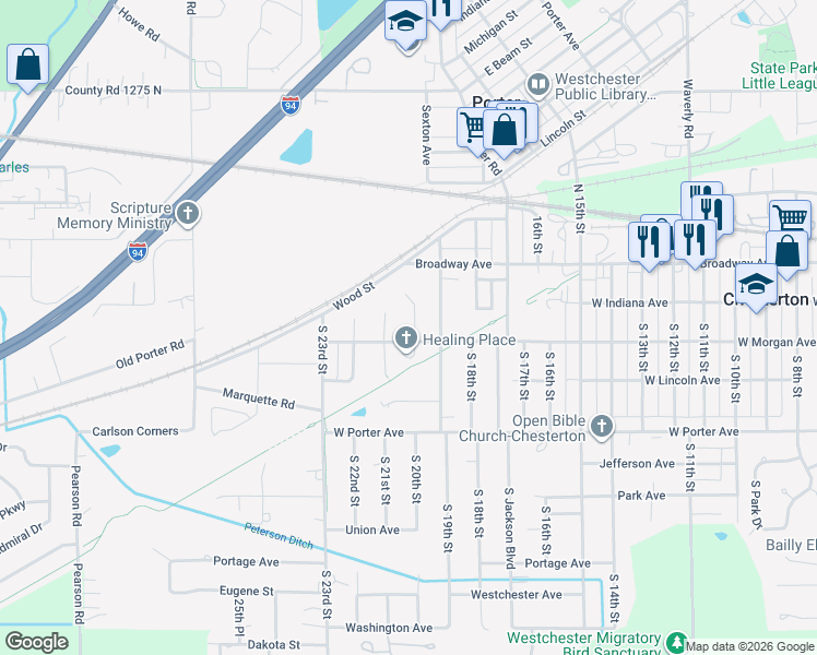 map of restaurants, bars, coffee shops, grocery stores, and more near 100-298 S 20th St in Chesterton