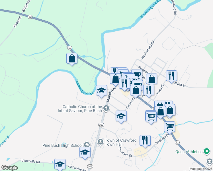 map of restaurants, bars, coffee shops, grocery stores, and more near 8 Church Street in Pine Bush