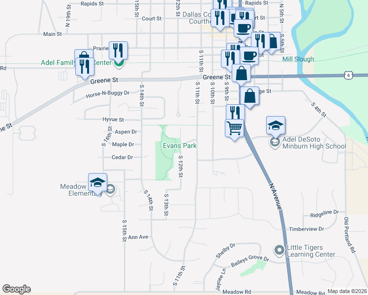 map of restaurants, bars, coffee shops, grocery stores, and more near 915 South 12th Street in Adel