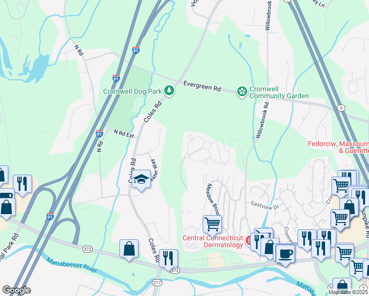 map of restaurants, bars, coffee shops, grocery stores, and more near 19 Woodsboro Circle in Cromwell