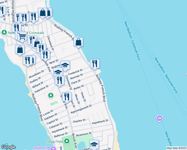 map of restaurants, bars, coffee shops, grocery stores, and more near 16 Norman Street in New Bedford