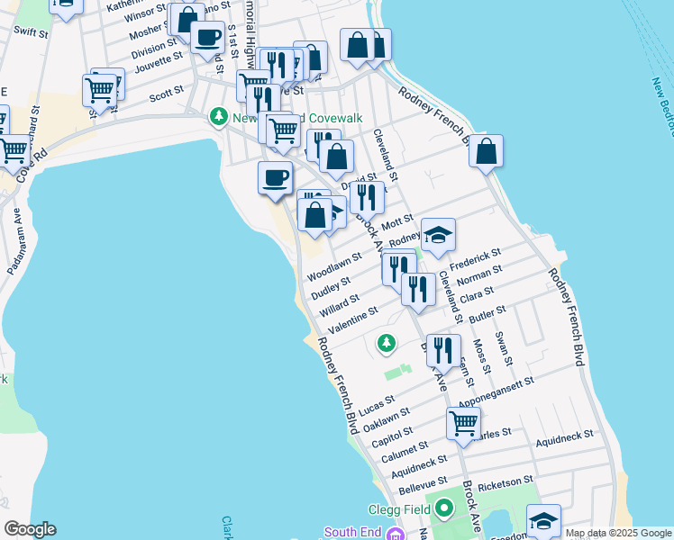 map of restaurants, bars, coffee shops, grocery stores, and more near 51 Woodlawn Street in New Bedford