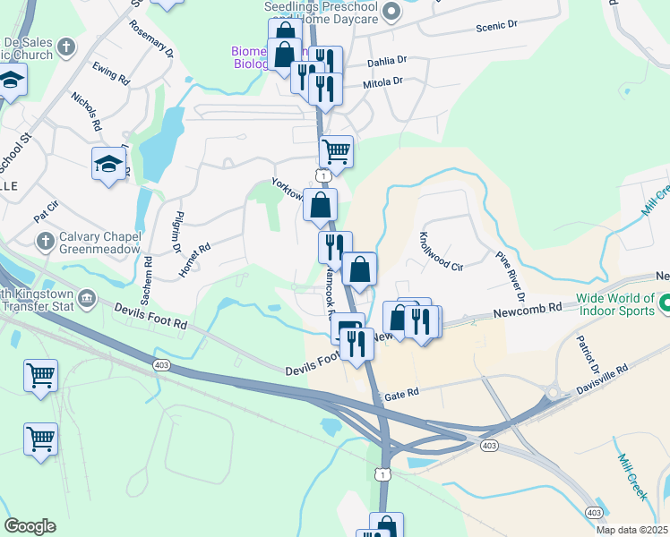 map of restaurants, bars, coffee shops, grocery stores, and more near 6899 U.S. 1 in North Kingstown