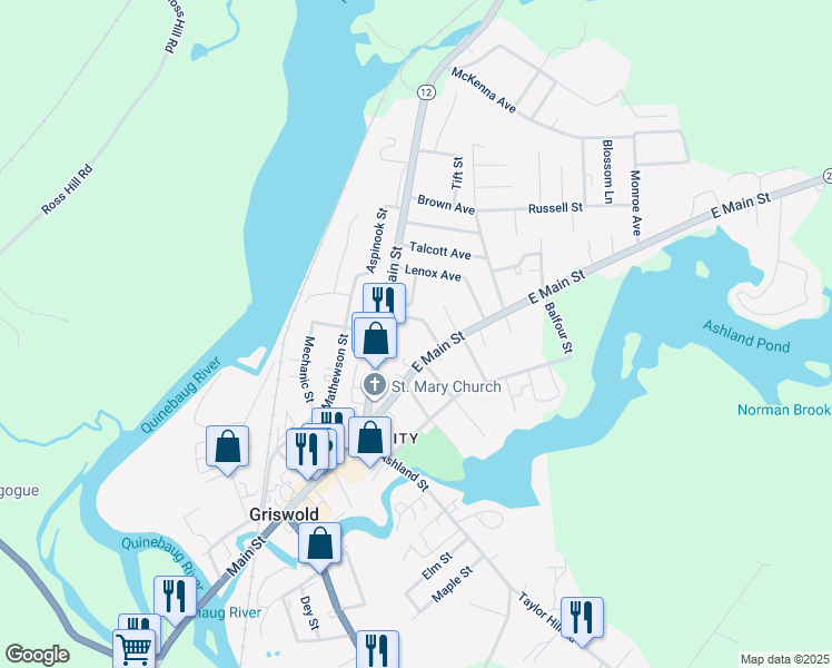 map of restaurants, bars, coffee shops, grocery stores, and more near 38 Palmer Avenue in Griswold