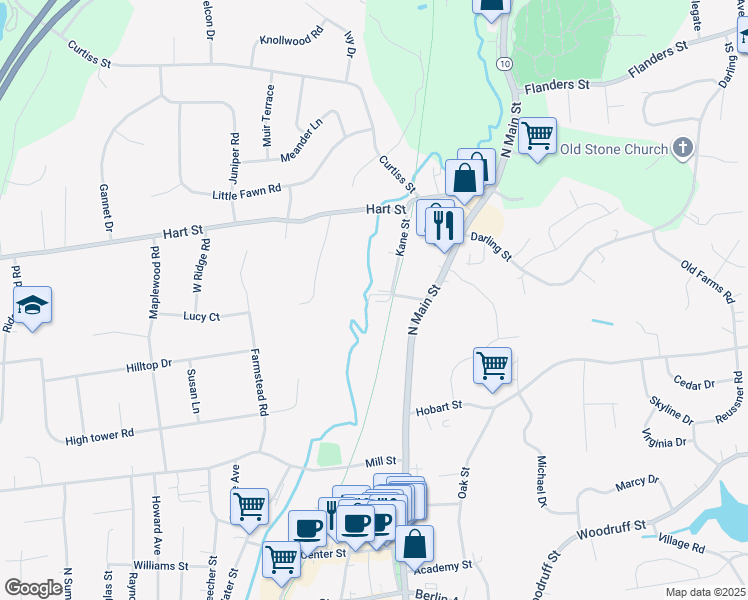 map of restaurants, bars, coffee shops, grocery stores, and more near 2 Kane Street in Southington