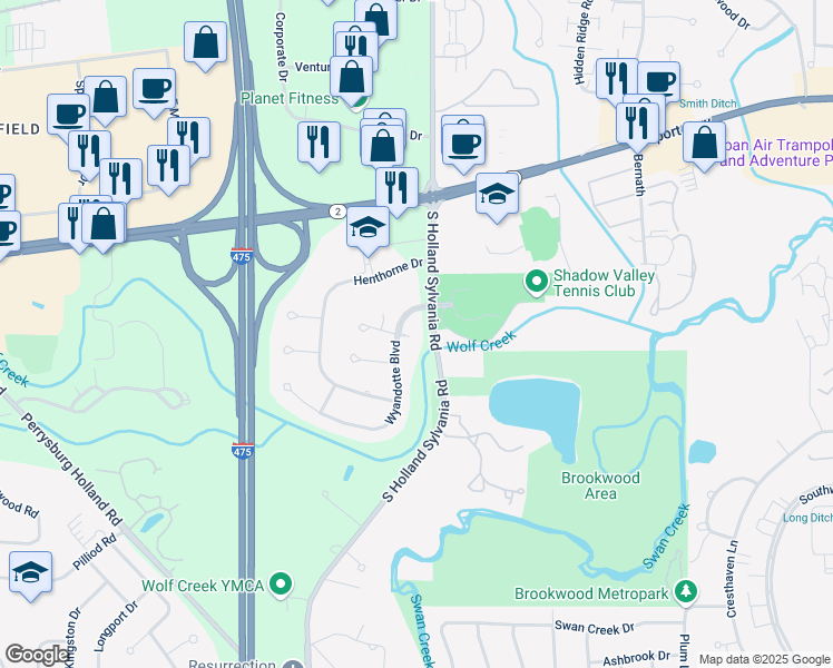 map of restaurants, bars, coffee shops, grocery stores, and more near 1655 Wyandotte Boulevard in Maumee