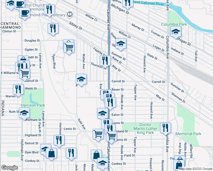 map of restaurants, bars, coffee shops, grocery stores, and more near 5707 Erie Avenue in Hammond