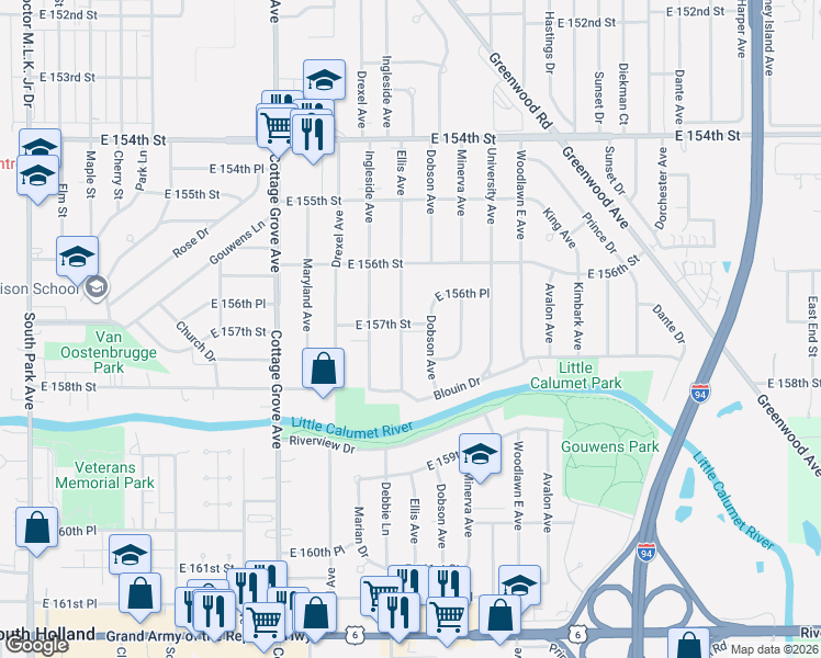 map of restaurants, bars, coffee shops, grocery stores, and more near 15645 Ellis Avenue in Dolton