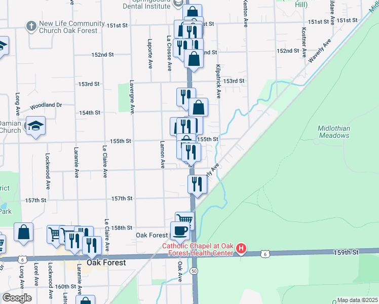 map of restaurants, bars, coffee shops, grocery stores, and more near in Oak Forest