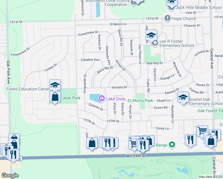 map of restaurants, bars, coffee shops, grocery stores, and more near 6153 Victoria Drive in Oak Forest
