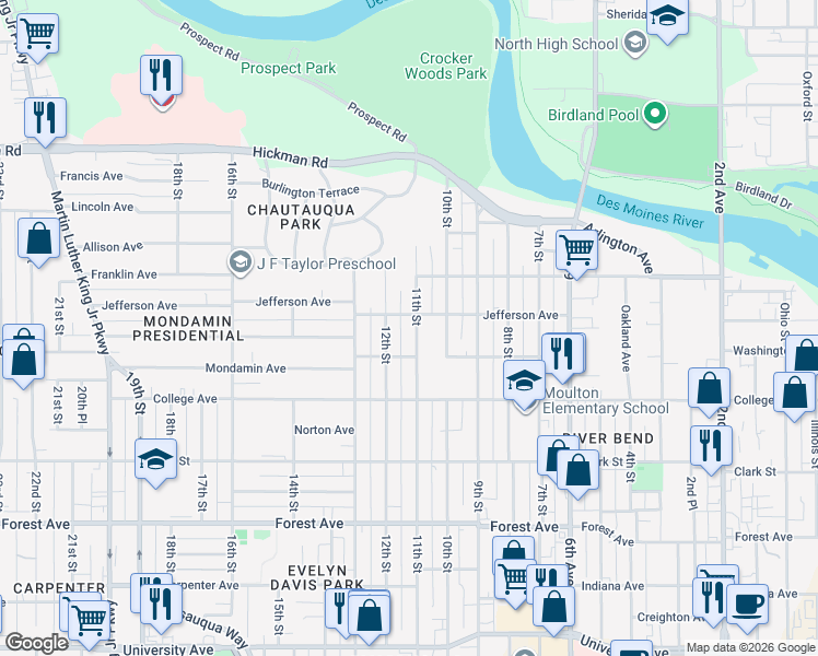 map of restaurants, bars, coffee shops, grocery stores, and more near 1734 11th Street in Des Moines