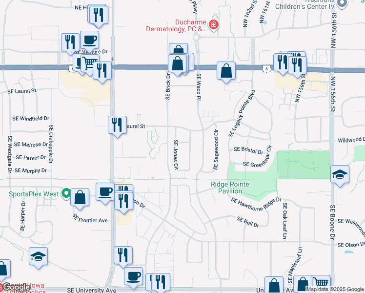 map of restaurants, bars, coffee shops, grocery stores, and more near 400 Southeast Jonas Circle in Waukee
