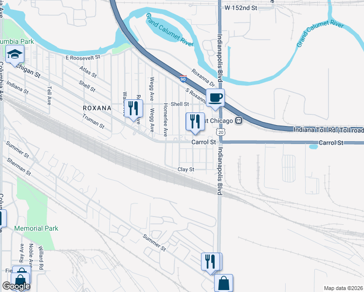 map of restaurants, bars, coffee shops, grocery stores, and more near 1830 Michigan Street in Hammond