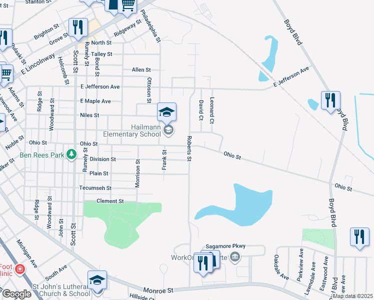 map of restaurants, bars, coffee shops, grocery stores, and more near 1020 Ohio Street in La Porte