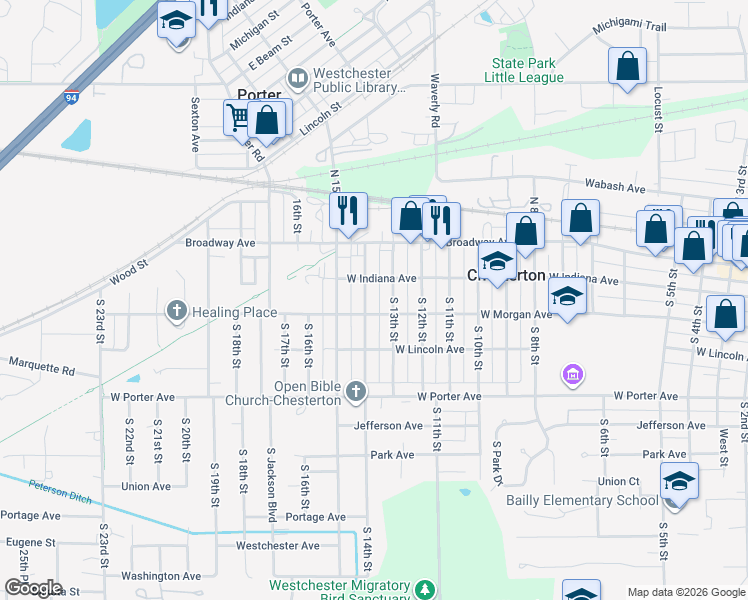 map of restaurants, bars, coffee shops, grocery stores, and more near 210 South 14th Street in Chesterton