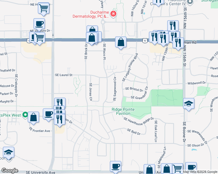 map of restaurants, bars, coffee shops, grocery stores, and more near 425 Southeast Waco Place in Waukee