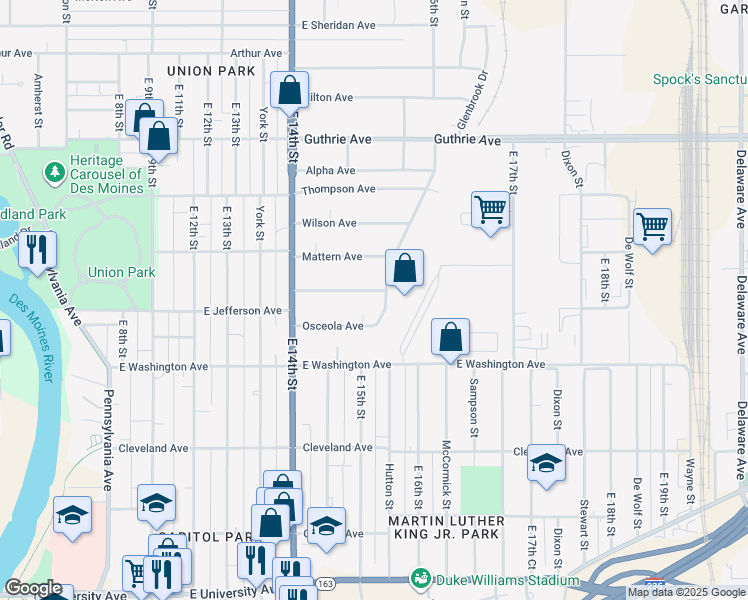 map of restaurants, bars, coffee shops, grocery stores, and more near 1525 East Jefferson Avenue in Des Moines
