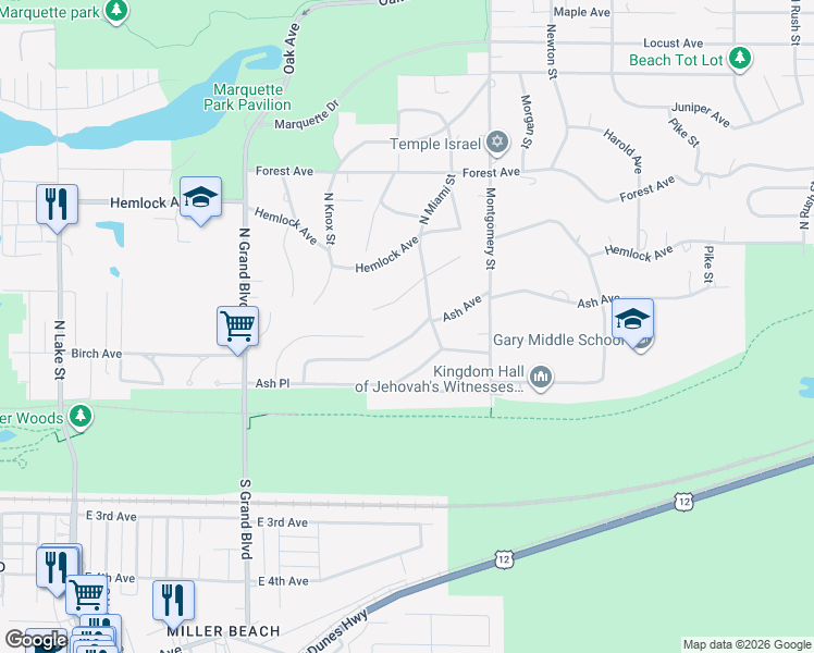 map of restaurants, bars, coffee shops, grocery stores, and more near 6960 Ash Ave in Gary