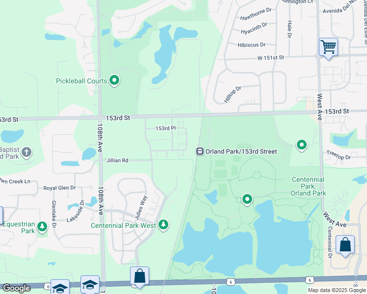 map of restaurants, bars, coffee shops, grocery stores, and more near 10592 154th Place in Orland Park