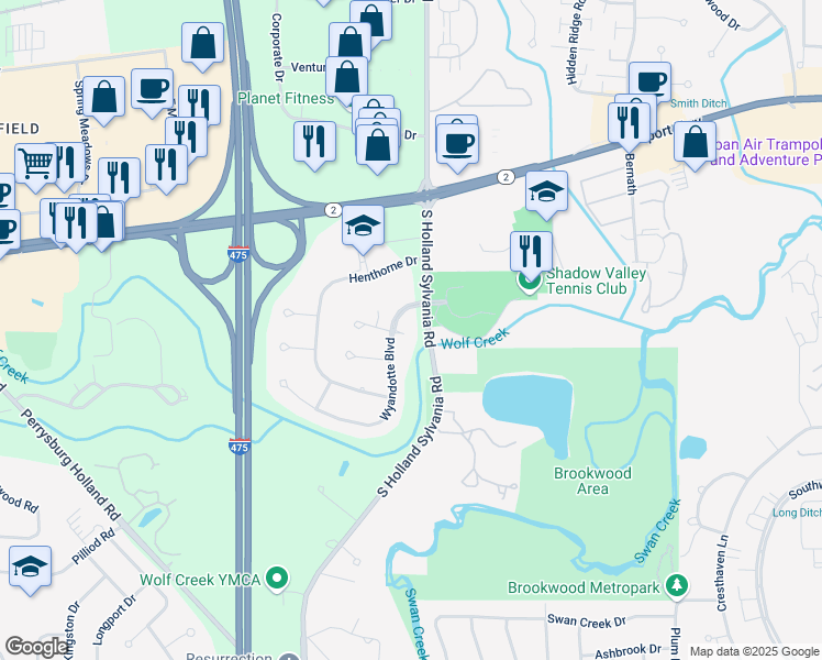 map of restaurants, bars, coffee shops, grocery stores, and more near 1655 Wyandotte Boulevard in Maumee