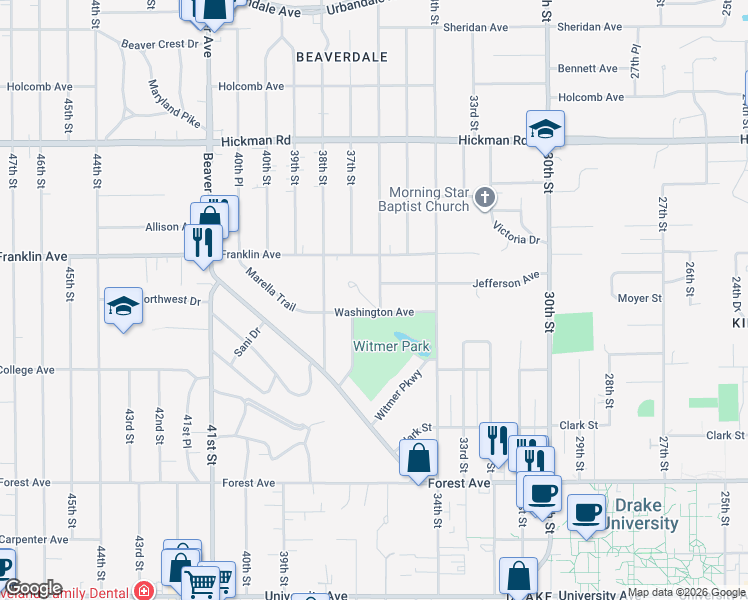 map of restaurants, bars, coffee shops, grocery stores, and more near 1706 36th Street in Des Moines