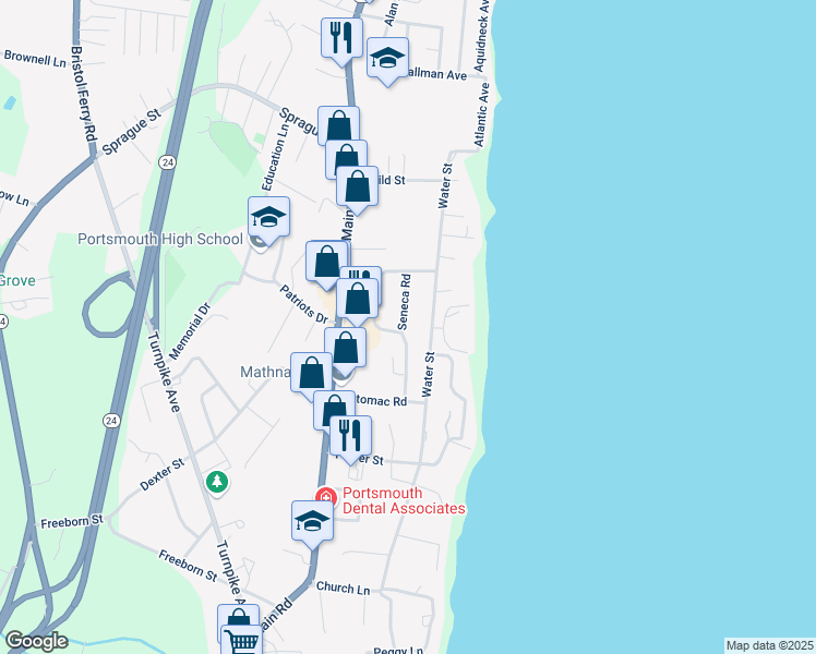 map of restaurants, bars, coffee shops, grocery stores, and more near 13 Seneca Road in Portsmouth