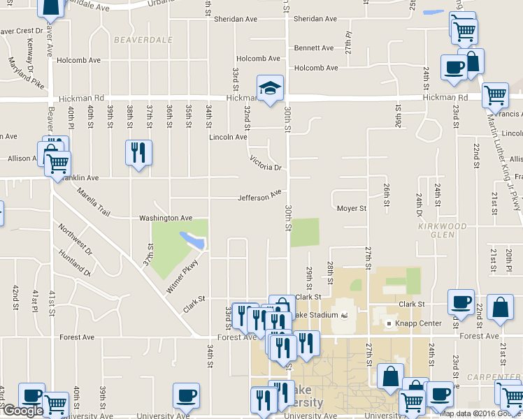 map of restaurants, bars, coffee shops, grocery stores, and more near 3100 Jefferson Avenue in Des Moines