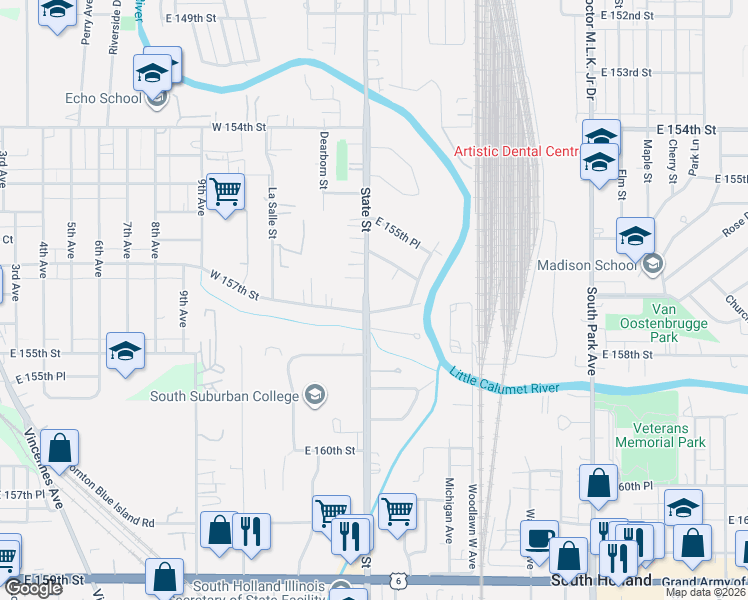 map of restaurants, bars, coffee shops, grocery stores, and more near 15669 State Street in South Holland