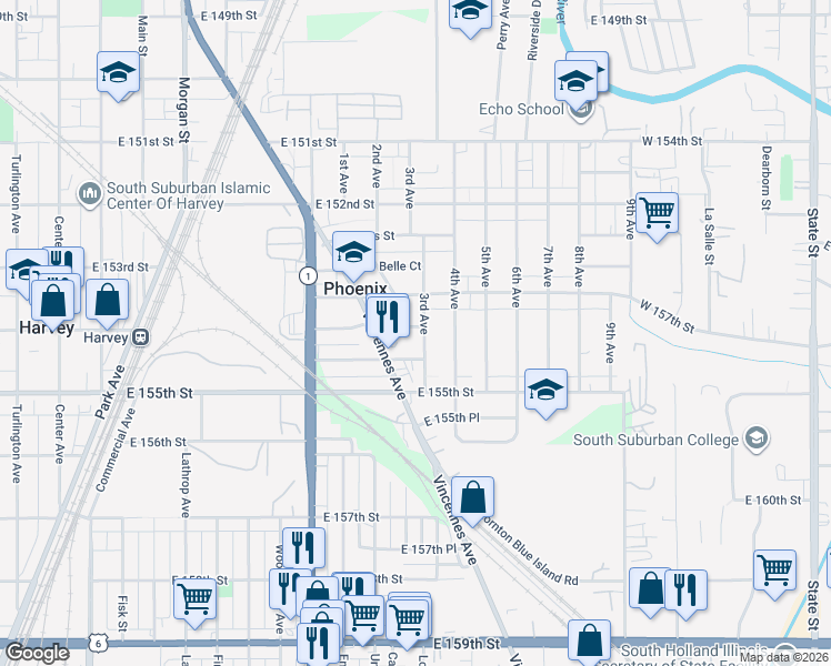 map of restaurants, bars, coffee shops, grocery stores, and more near 626 East 154th Street in Phoenix