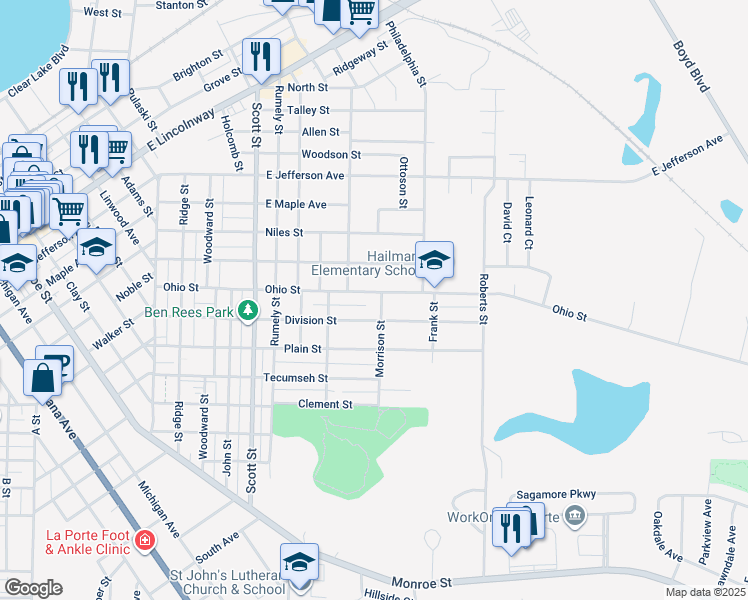 map of restaurants, bars, coffee shops, grocery stores, and more near 104 Morrison Street in La Porte
