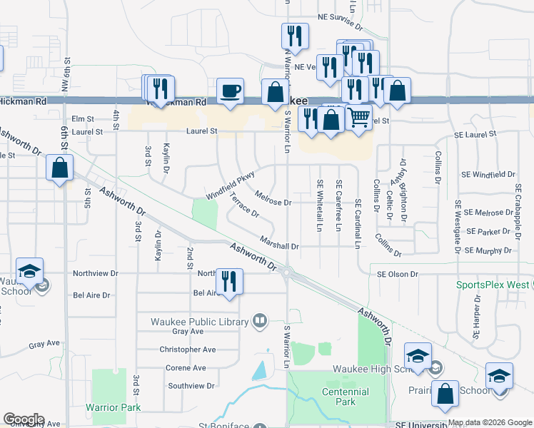 map of restaurants, bars, coffee shops, grocery stores, and more near 310 Melrose Drive in Waukee