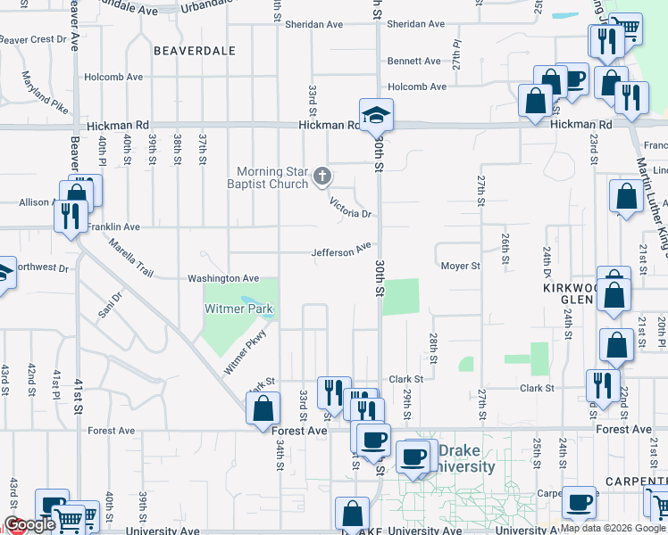 map of restaurants, bars, coffee shops, grocery stores, and more near 3100 Jefferson Avenue in Des Moines