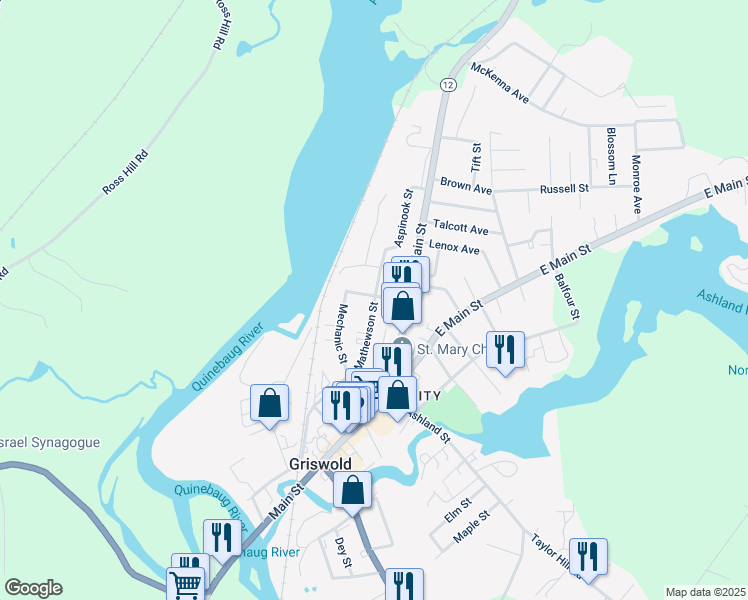 map of restaurants, bars, coffee shops, grocery stores, and more near 120 Mathewson St in Griswold