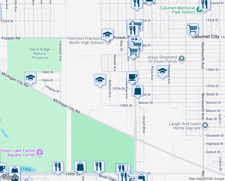 map of restaurants, bars, coffee shops, grocery stores, and more near 849 Buffalo Avenue in Calumet City