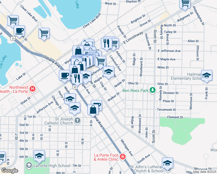 map of restaurants, bars, coffee shops, grocery stores, and more near 402 Harrison Street in La Porte