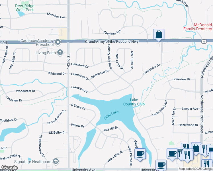 map of restaurants, bars, coffee shops, grocery stores, and more near 13802 Lakeview Drive in Clive