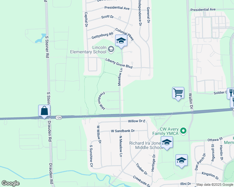 map of restaurants, bars, coffee shops, grocery stores, and more near 15016 Meadow Lane in Plainfield