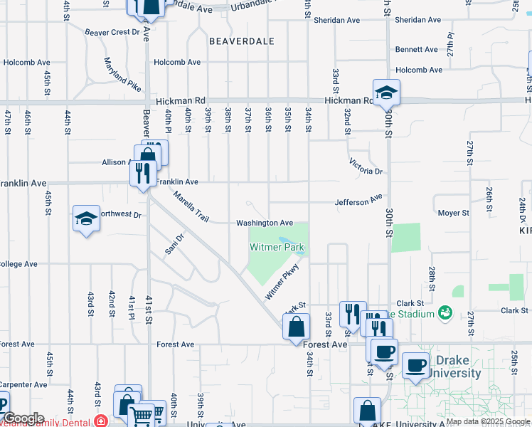 map of restaurants, bars, coffee shops, grocery stores, and more near 1706 36th Street in Des Moines